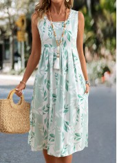 Leaf Print Light Green Sleeveless Square Neck Dress