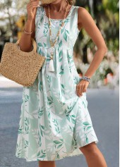 Leaf Print Light Green Sleeveless Square Neck Dress