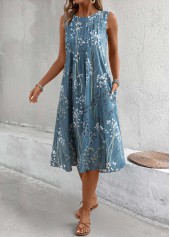 Plants Print Dusty Blue A Line Sleeveless Dress