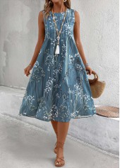 Plants Print Dusty Blue A Line Sleeveless Dress