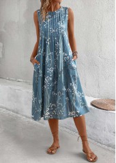 Plants Print Dusty Blue A Line Sleeveless Dress