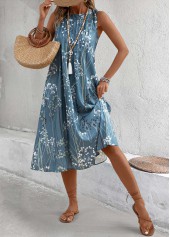Plants Print Dusty Blue A Line Sleeveless Dress