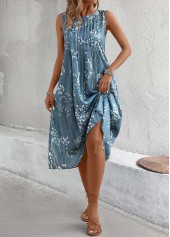 Plants Print Dusty Blue A Line Sleeveless Dress