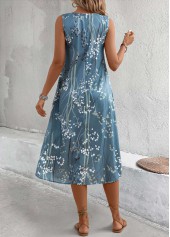 Plants Print Dusty Blue A Line Sleeveless Dress