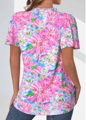 Floral Print Frill Neon Pink Short Sleeve Blouse