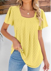 Pleated Light Yellow Short Sleeve Square Neck Blouse