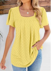 Pleated Light Yellow Short Sleeve Square Neck Blouse