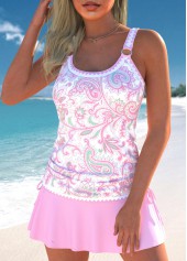 Paisley Print Drawstring Pink Tankini Set