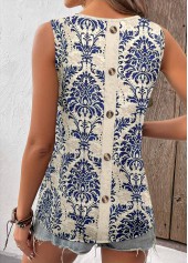 Tribal Print Button Navy Sleeveless Square Neck Tank Top
