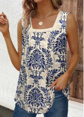 Tribal Print Button Navy Sleeveless Square Neck Tank Top
