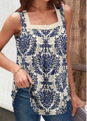 Tribal Print Button Navy Sleeveless Square Neck Tank Top