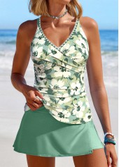 Floral Print Surplice Sage Green Tankini Set