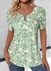 Ditsy Floral Print Button Light Green T Shirt