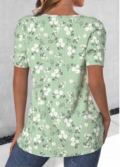 Ditsy Floral Print Button Light Green T Shirt