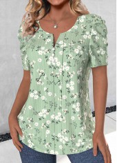 Ditsy Floral Print Button Light Green T Shirt