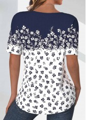 Ditsy Floral Print Textured Fabric Navy T Shirt