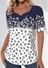 Ditsy Floral Print Textured Fabric Navy T Shirt