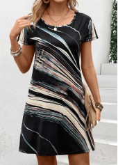 Multi Stripe Print Patchwork Black Short Shift Dress