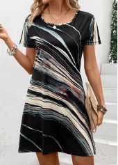 Multi Stripe Print Patchwork Black Short Shift Dress