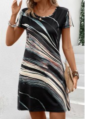 Multi Stripe Print Patchwork Black Short Shift Dress