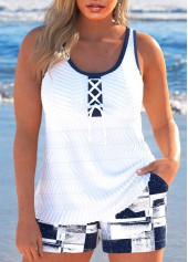 Navy Plus Size Geometric Print Jacquard Tankini Set