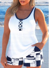 Navy Plus Size Geometric Print Jacquard Tankini Set