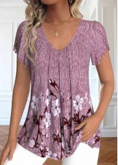 Floral Print Embroidery Dark Reddish Purple T Shirt