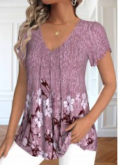 Floral Print Embroidery Dark Reddish Purple T Shirt