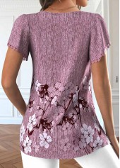 Floral Print Embroidery Dark Reddish Purple T Shirt