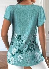Floral Print Embroidery Mint Green Short Sleeve T Shirt