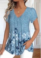 Floral Print Embroidery Dusty Blue Short Sleeve T Shirt