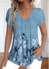 Floral Print Embroidery Dusty Blue Short Sleeve T Shirt