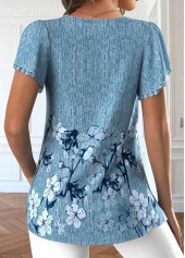 Floral Print Embroidery Dusty Blue Short Sleeve T Shirt