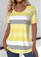 Plus Size Light Yellow Button Striped T Shirt