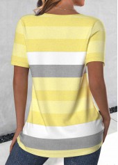 Plus Size Light Yellow Button Striped T Shirt