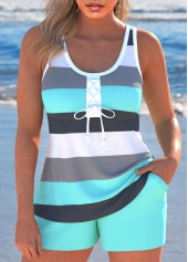 Striped Patchwork Bowknot Cyan Tankini Set