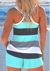 Striped Patchwork Bowknot Cyan Tankini Set