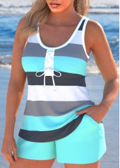 Striped Patchwork Bowknot Cyan Tankini Set