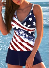 Flag Print Surplice Navy Tankini Set