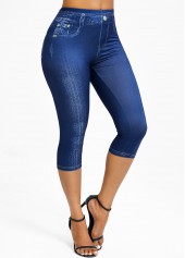 Denim-effect Print Denim Blue Elastic Waist High Waisted Leggings