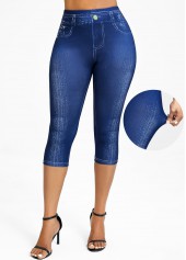 Denim-effect Print Denim Blue Elastic Waist High Waisted Leggings