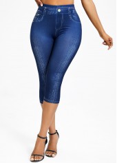 Denim-effect Print Denim Blue Elastic Waist High Waisted Leggings