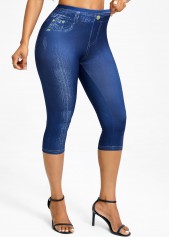 Denim-effect Print Denim Blue Elastic Waist High Waisted Leggings