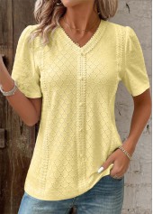 Patchwork Light Yellow Short Sleeve V Neck T Shirt