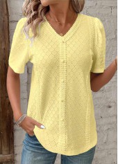Patchwork Light Yellow Short Sleeve V Neck T Shirt