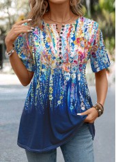 Graffiti Print Button Dark Blue Short Sleeve T Shirt