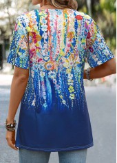 Graffiti Print Button Dark Blue Short Sleeve T Shirt