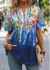 Graffiti Print Button Dark Blue Short Sleeve T Shirt