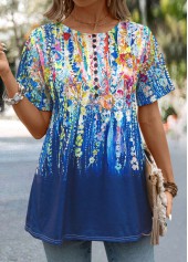 Graffiti Print Button Dark Blue Short Sleeve T Shirt