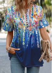 Graffiti Print Button Dark Blue Short Sleeve T Shirt